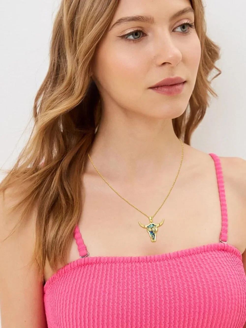 Women's Gold B Sterling Turquoise Pendant Highland Cow Skull Western Necklace